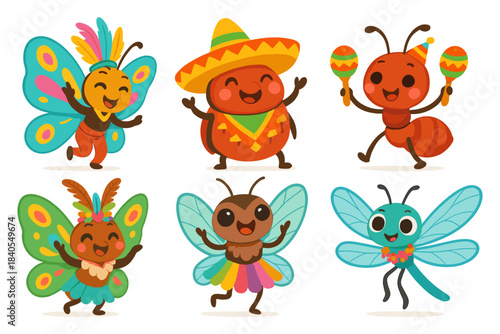 Festive insects dancing in colorful costumes with maracas