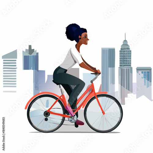 A young Black woman riding a red bicycle through a modern city with tall buildings in the background, illustrating urban commuting and healthy lifestyle.
