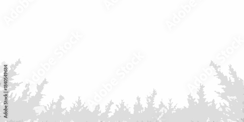 A grayscale landscape featuring silhouettes of evergreen trees against a white sky