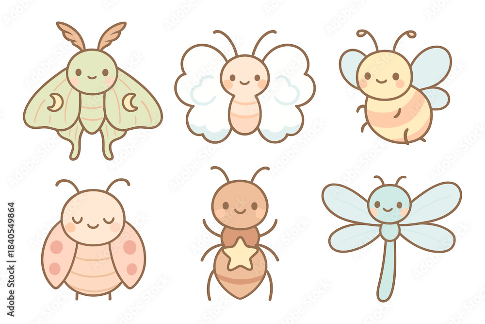 Obraz premium Cute cartoon insects set: moth, butterfly, bee, ladybug, ant, dragonfly in pastel tones