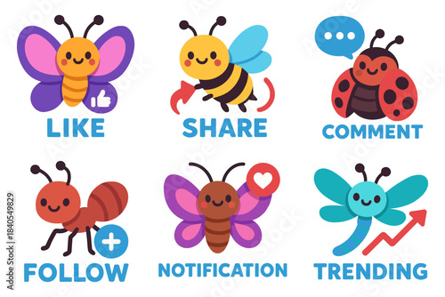 Cute cartoon insects with social media icons for engaging content