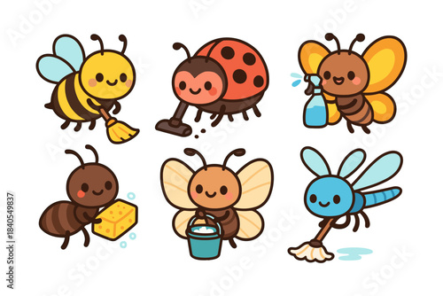 Cute cartoon insects doing household chores with smile