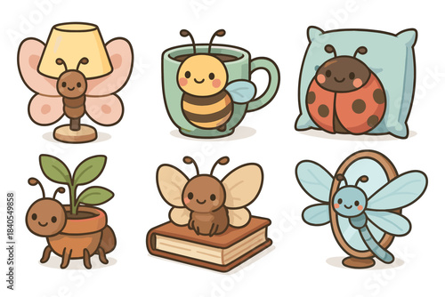Cute cartoon insects in everyday objects with soft colors and playful designs