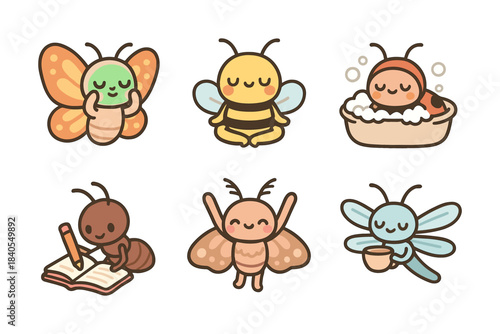 Cute cartoon insects relaxing and engaging in fun activities