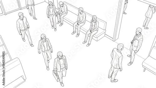High angle view of passengers commuting inside an urban train, an auto cad drawing illustration.