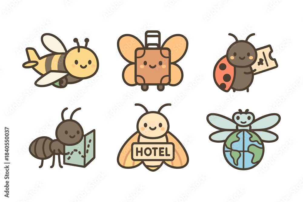 Naklejka premium Cute cartoon insects on a travel adventure with luggage and maps