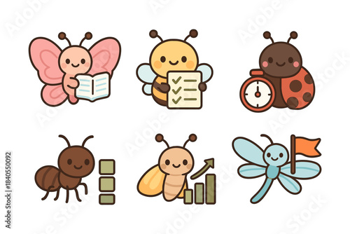 Cute cartoon insects engaged in office work activities on white background