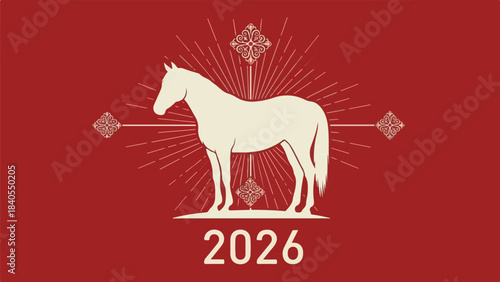 Elegant vector illustration of a majestic horse on a vibrant red background, celebrating the 2026 Year of the Horse with intricate decorative design elements and a starburst pattern