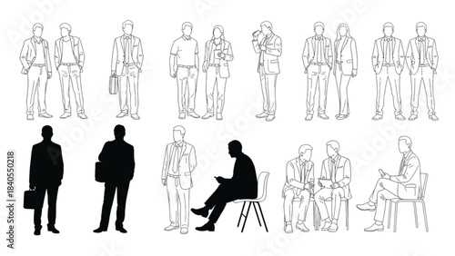 A diverse set of human figures for architectural design, an auto cad drawing.
