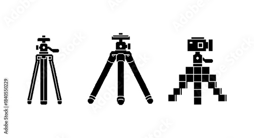 Silhouette tripod icons: photography equipment in minimalist design