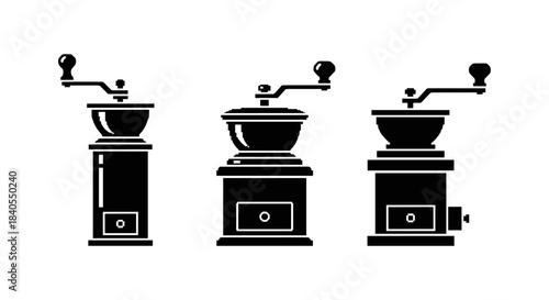 Set of vintage silhouette coffee grinders in classic black and white design