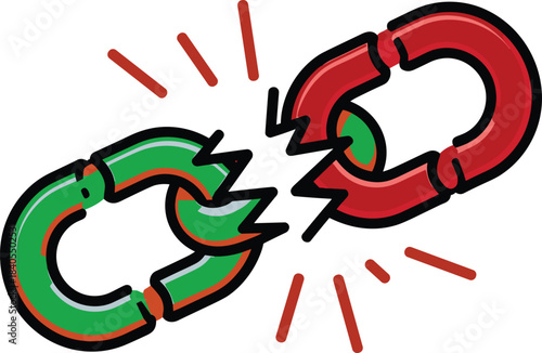 Broken chain link vector illustration, symbol of disconnected connection, weak link failure, security breach concept, broken connection icon design