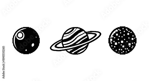Minimalist space icon set with planets and rings in black and white design