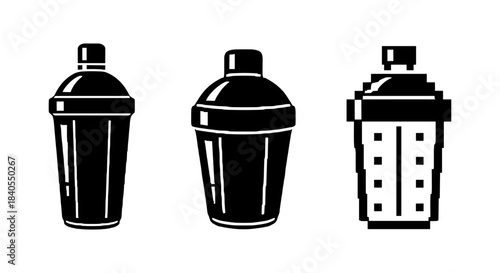 Black and white icon set of cocktail shakers in minimalist style