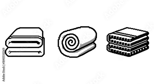 Set of folded towels: minimalist pixel art and line drawing styles in black and white