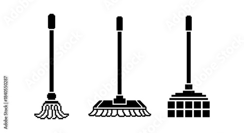 Pixel art cleaning tools collection: mop, brush, broom icons in black and white