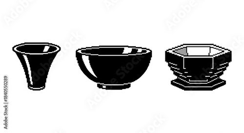 Pixel art retro black and white ceramic bowls set