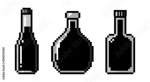 Retro pixel art bottles in black and white collection