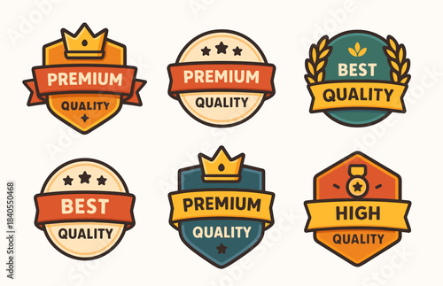 Quality badges colorful collection with bold geometric shapes and award-style elements. Highlights crowns, wreaths, ribbons, stars, and emblem shields
