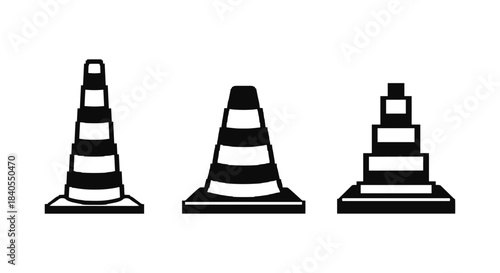 Black and white traffic cone silhouettes on white background