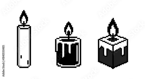Pixel art candles: classic, round, and square designs in black and white