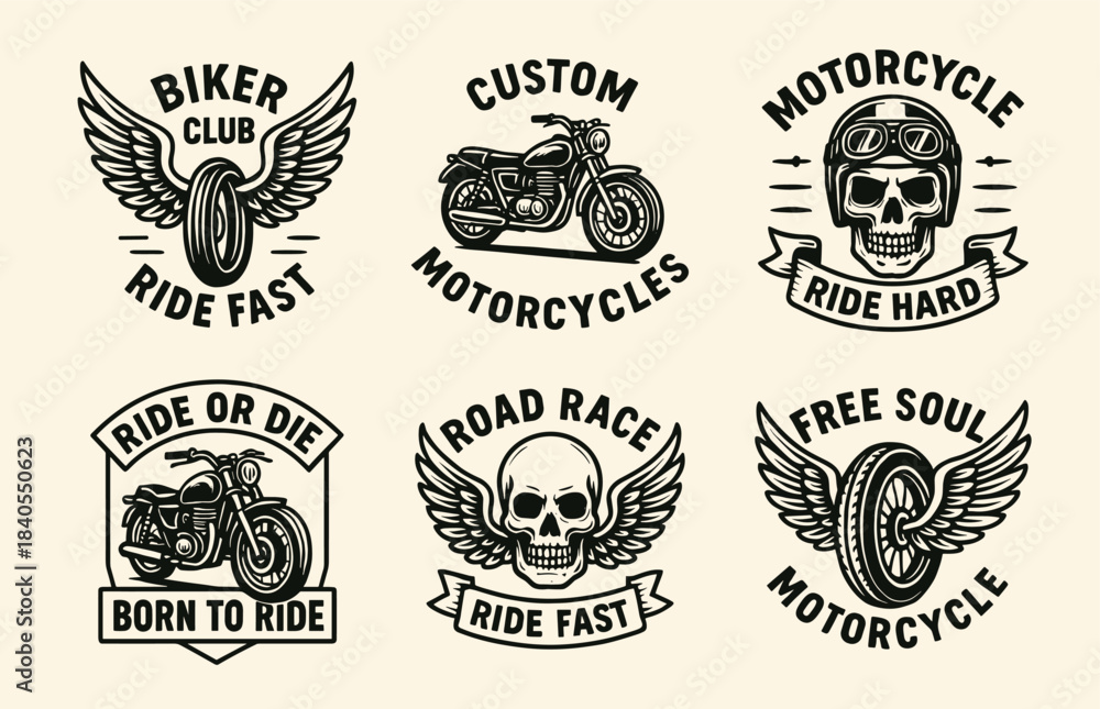 Fototapeta premium Biker badges emblem collection with strong motorcycle and skull motifs. Highlights wings, helmets, wheels, banners, custom bikes
