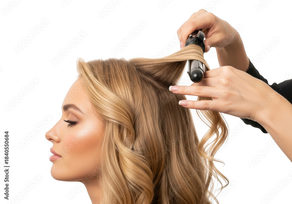 Fototapeta premium Professional hairstylist creates elegant waves using a curling iron on a blonde woman s hair isolated on transparent background