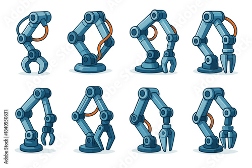 Robotic arms industrial collection with dynamic multi-joint structures. Shows claw tools, angled modules, extended connectors