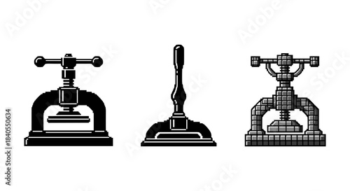 Vintage press tools collection: silhouette art of three classic machines