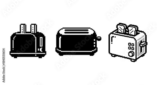 Retro pixel art toaster designs in black and white minimalist style