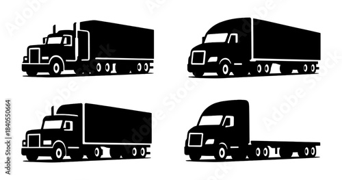 Trucks silhouette collection with strong angular geometry and long-haul profiles. Highlights trailers, cabins, wheels