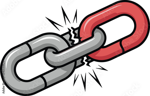 Broken chain link vector illustration, symbol of disconnected connection, weak link failure, security breach concept, broken connection icon design