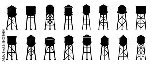 Water towers silhouette collection with industrial elevated tank structures
