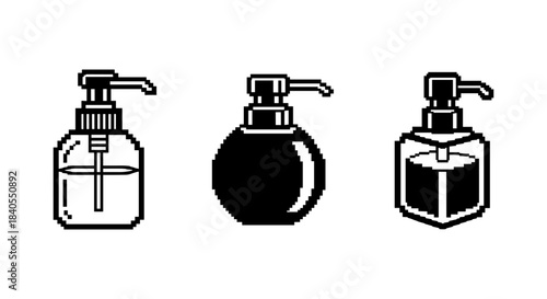 Pixel art soap dispensers set in black and white