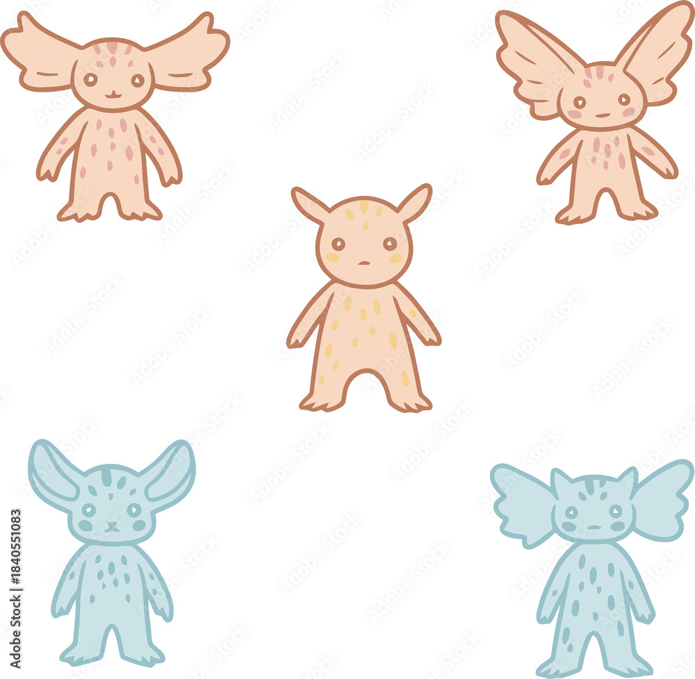 Fototapeta premium Five cute, cartoon-style imaginary creatures with unique ear shapes and spotted bodies, two orange and two blue, with one central orange creature.