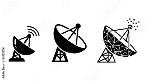 Set of three communication satellite dishes in modern black silhouette style