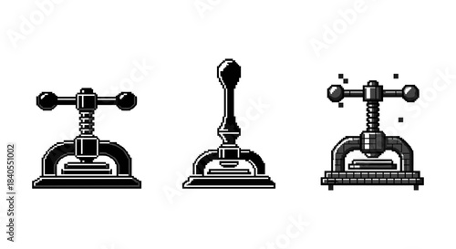 Monochrome vintage printing press machines in pixel art style