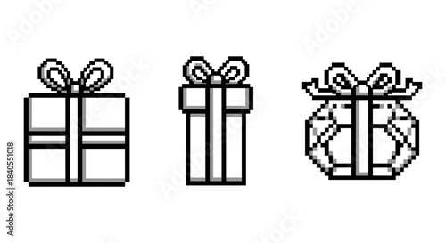 Pixel art gift boxes with bows and ribbons in black and white