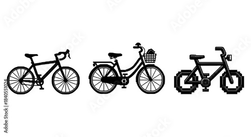 Trio of unique bicycle designs: road, urban, and pixel art styles