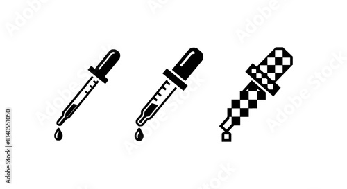 Set of eye dropper tools in flat, outline, and pixel styles on white background