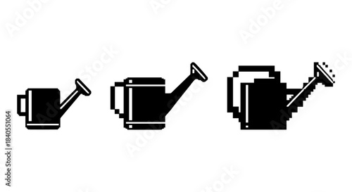 Pixel art watering cans in silhouette style reflecting retro gaming aesthetics