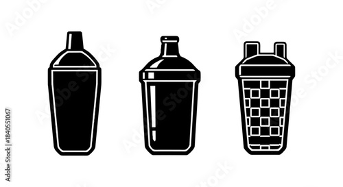 Set of stylish cocktail shakers in bold black and white icon design