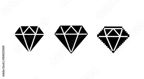 Minimalist collection of diamond icons in solid, outline, and pixel art styles