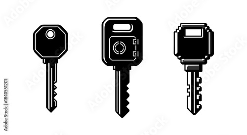 Pixel art keys set: retro black and white key designs in 8-bit style