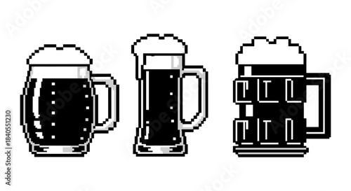 Pixel art beer mugs: retro style black and white design