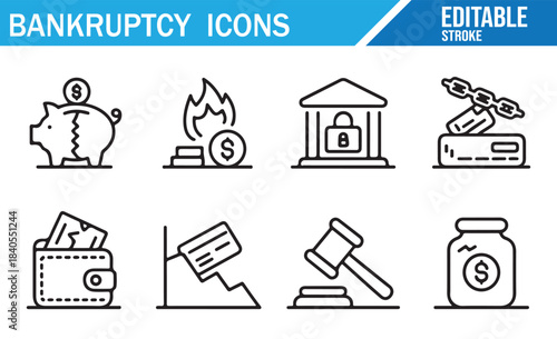 Insolvency and financial failure outline icon set for reports and UI