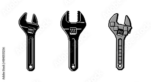Pixel art adjustable wrenches: retro black and white graphics with steampunk design