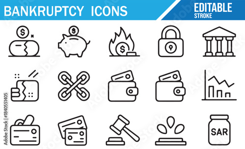 Bankruptcy finance and debt management vector icons isolated on white