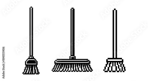 Pixel art broom set: simple and stylish icons in black and white