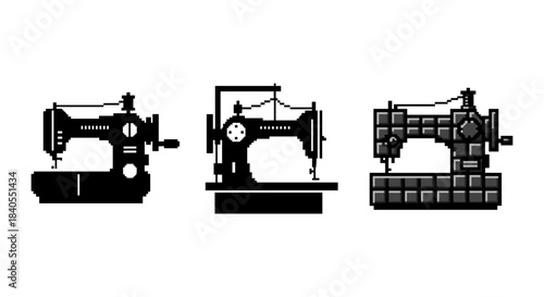 Retro pixel art sewing machines set in black and white designs